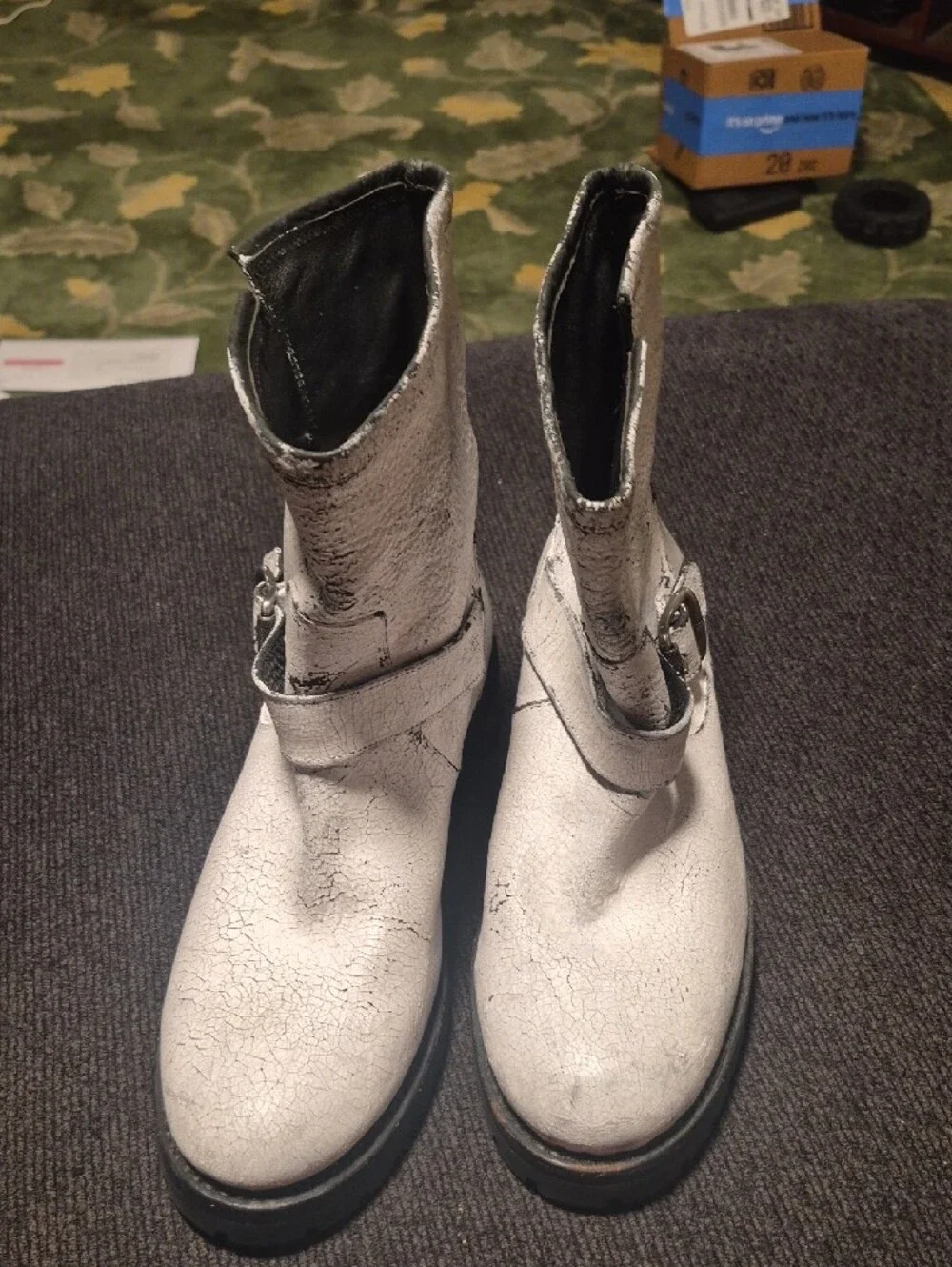 Frye White Distressed Leather Buckle Ankle Boots